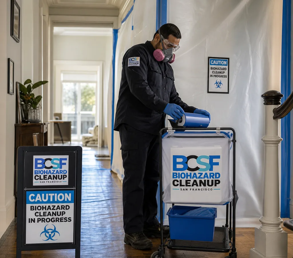 Technician in PPE staging a contained biohazard cleanup in a residential hallway