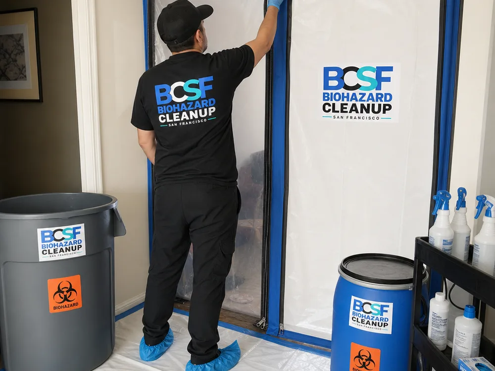 Contained zipper doorway and labeled cleanup supplies staged inside a San Francisco apartment