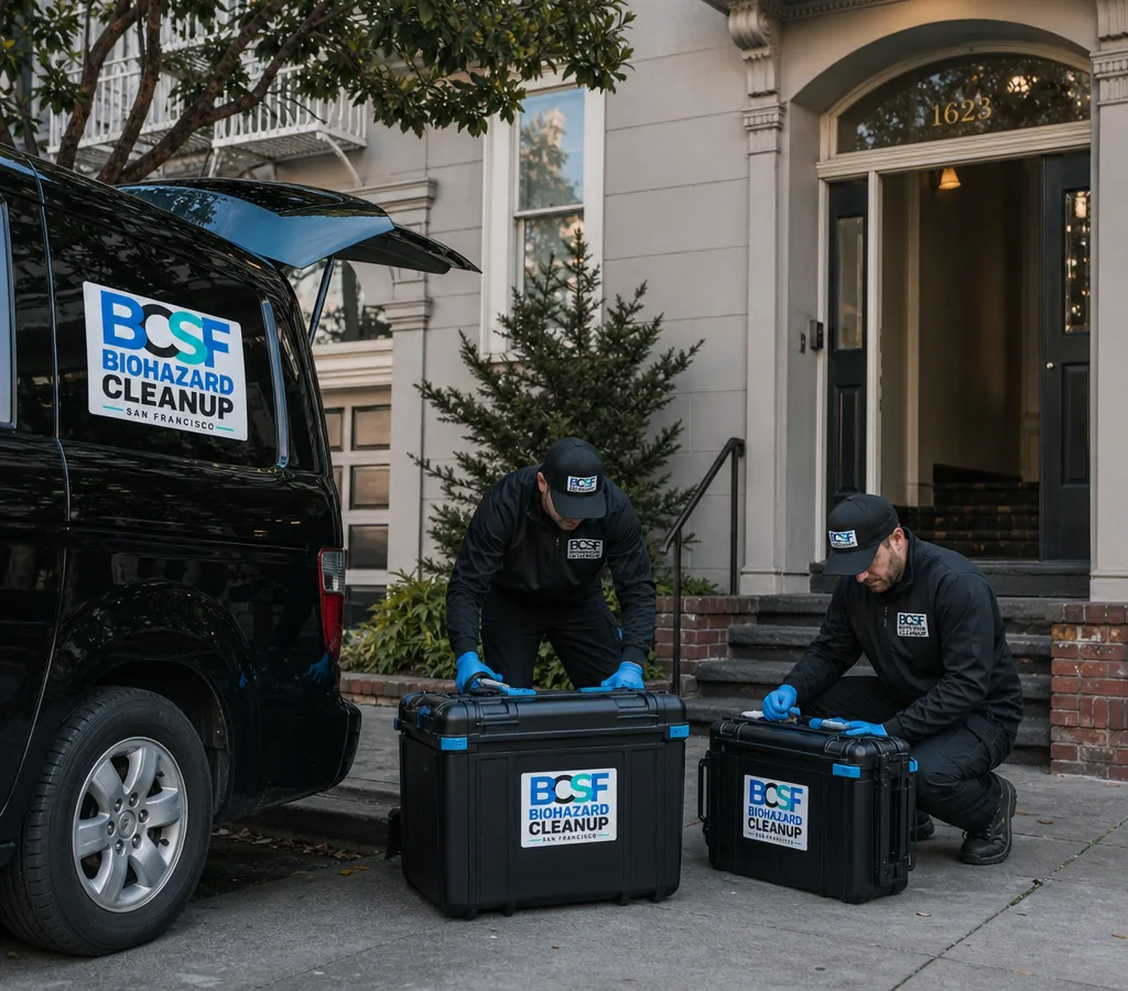 Discreet cleanup technicians in PPE preparing contained equipment outside a San Francisco residential building