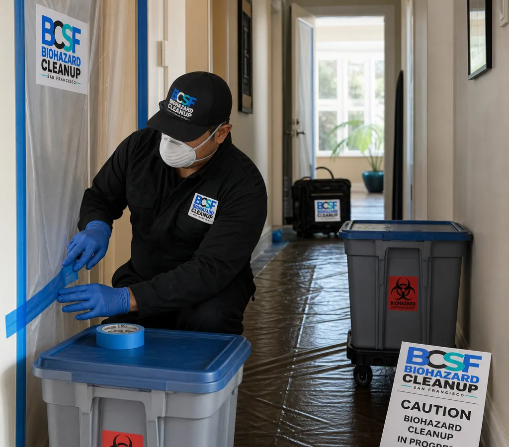 Technician in protective equipment preparing a contained work area in a San Francisco residential hallway