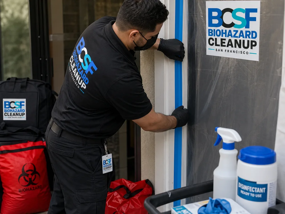 Gloved technician setting a doorway containment barrier beside labeled biohazard bags and disinfectant supplies