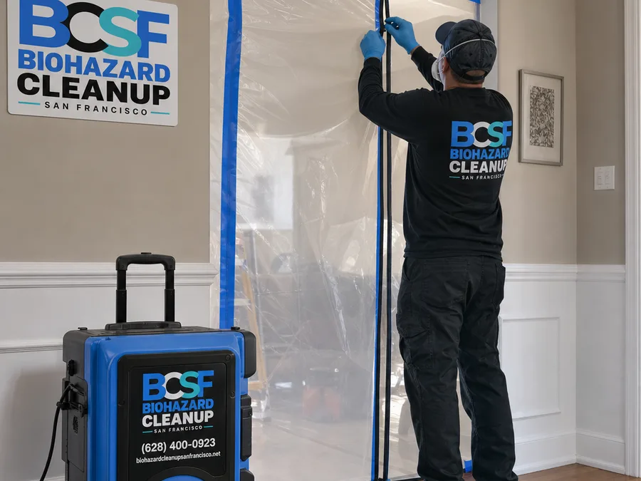 Technician installing a zipper-door containment barrier with a HEPA air scrubber in a residential hallway