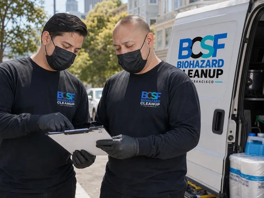 Two biohazard cleanup technicians reviewing a written scope beside their work vehicle